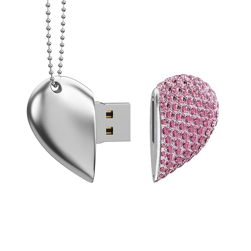RAOYI 32GB Heart Shape USB 2.0 Flash Drive Crystal Memory Stick Thumb Drive Pen Drive Jump Drive Jewelry Pendant Necklace with Key Chain-Pink - Image 1